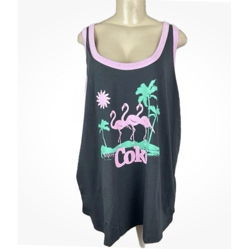 Coca-Cola 5X Gray Pink Flamingo Palm Trees Tropical Graphic Tank Top Scoop Neck - Picture 2 of 7